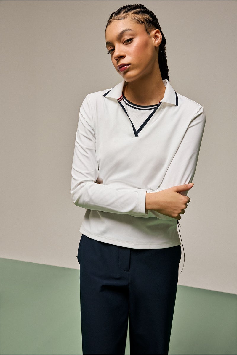 DeFacto White Woman Standard Fit Long Sleeve Sports Polo T-Shirt Casual - Image 1